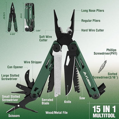 FLISSA Multitool, 15-in-1 Multi Tool Pocket Knife with Sheath, Stainless Steel EDC Multitool Pliers for Men, All-in-One Tools for Camping, Fishing, Survival – Ideal Christmas Gift for Man