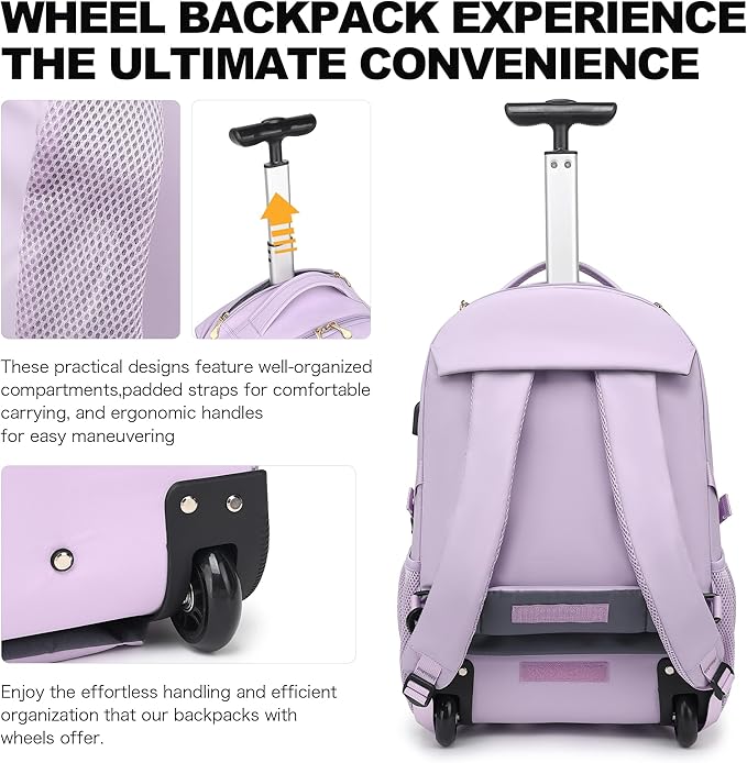 Boavan Rolling Backpack for Women, 17.3 Inch Wheeled Laptop Backpack,Large Travel CarryOn Bag for Teachers College Students, USB Charging Port Waterproof Business for Airplane Overnight Luggage，Purple