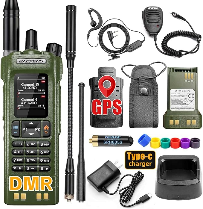BAOFENG DM32 DM-32UV DMR Radio | Walkie Talkies Long Range | Digital Two-Way Radio | 10W High Power with GPS Positioning | Programming & Type-C Charging | 1PC (2500mAh Battery) (Army Green 1)