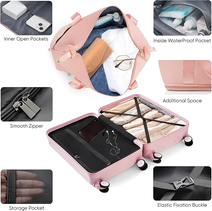 Merax 4-Piece Luggage Set with USB Charging Ports Suitcase with TSA Lock Travel Duffel Bag Wet-Dry Toiletry Bag, pink+Bag