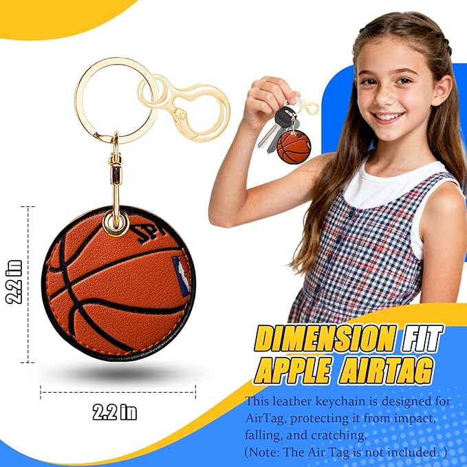 Leather Keychain for Airtag, Cute Protective Keychain Holder Compatible with Apple Air Tag,GPS Item Tracker Case Cover for Keys,Bags,Pets,Luggage(Basketball)