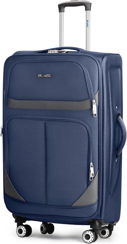 28" Large Softside Expandable 15% Checked Luggage with Double Spinner Wheels LOCK,Lightweight Travel Suitcase for Men/Women（Navy-Grey,28in）