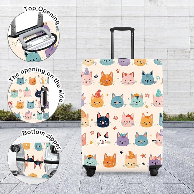 Multi Cat Luggage Protector, Washable Suitcase Cover Allover Cartoon Kitty Faces Anti-scratch for 24",26" Bag