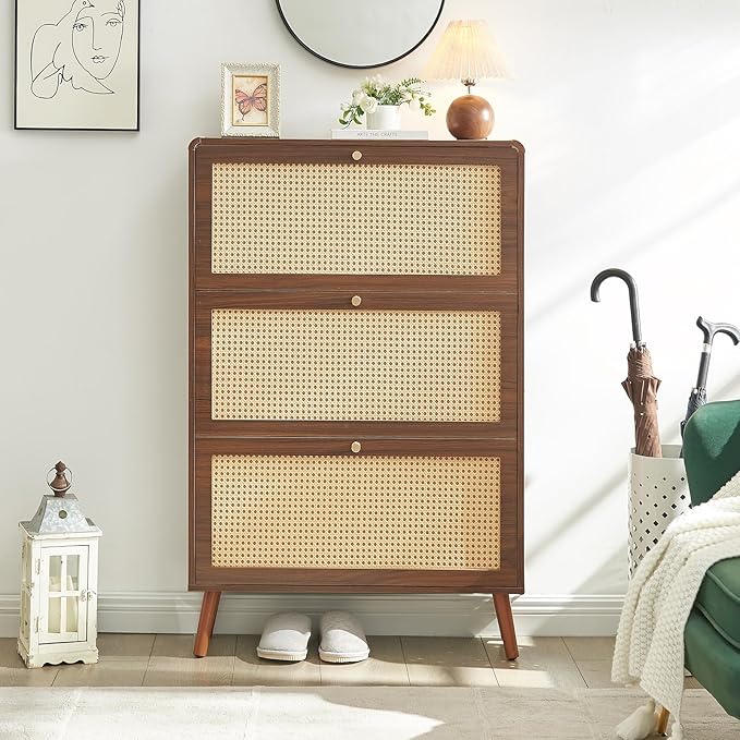 Rattan Shoe Cabinet with 3 Flip Drawers, 48 Pairs Narrow Shoe Storage Cabinet for Entryway Freestanding Hidden Shoe Rack, Modern Slim Wood Shoe Organizer for Hallway, Walnut