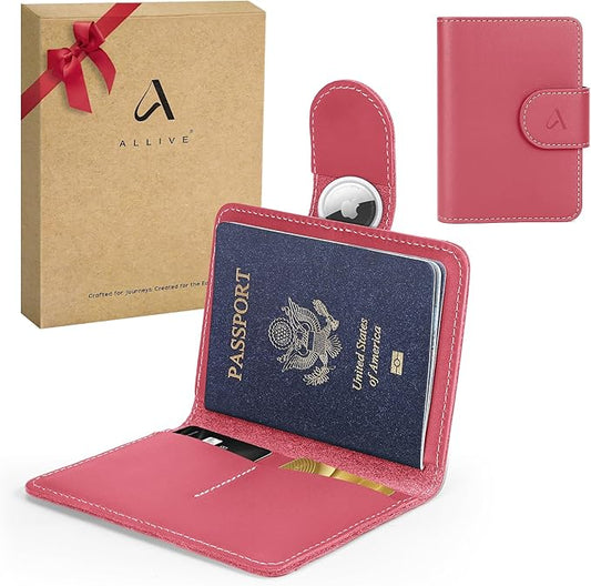 ALLIVE Rfid Passport Holder for Travel Women, Rfid Passport Cover Wallet, Genuine Leather Passport Holder for Travel with AirTag Hidden, Airport Essentials, Travel Gifts (Rose Pink)