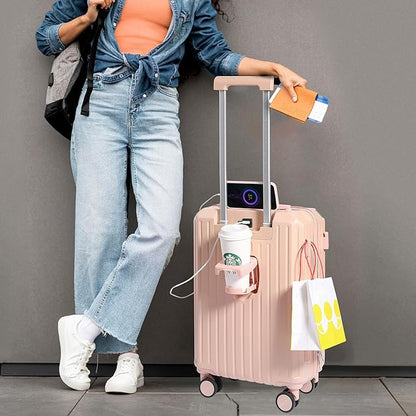Carry-on Luggage with Cup Holder & USB Charging Port, Hard Side Luggage with Spinner Wheels, Lightweight Luggage for Travel, Business (Pink, Carry-On 20-Inch)