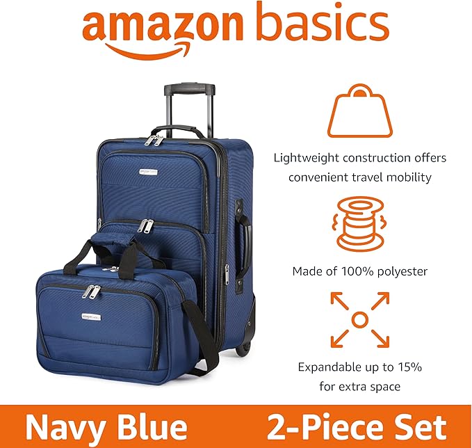 Amazon Basics Luggage Sets, Carry-On 23-Inch, tote 15-Inch, Suitcase With Wheels, Expandable Extra Space (+15%), Front Pockets and Telescopic Handle, Navy Blue