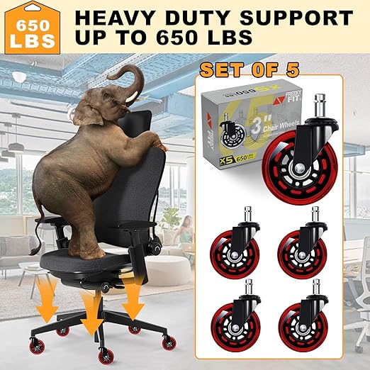 Office Chair Wheels for Casters Replacement - 3" Rubber Wheels for Computer Gaming Desk Caster Smooth & Safe Rolling for All Floors Including Hardwood and Carpet - Set of 5 - Red