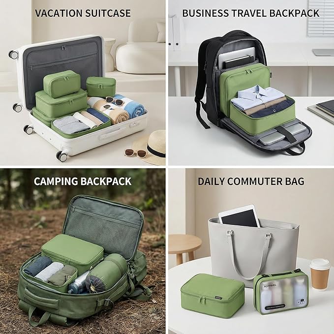 Compression Packing Cubes for Travel, 6-Piece Set (L/M/S), Double-Zip Luggage Organizers with Mesh Panels, Space-Saving Clothes Storage Bags for Suitcase & Carry-On (6 Pack, Forest Green)