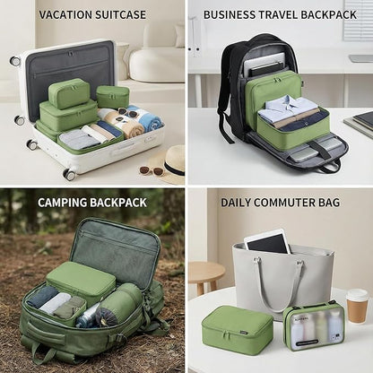 Compression Packing Cubes for Travel, 6-Piece Set (L/M/S), Double-Zip Luggage Organizers with Mesh Panels, Space-Saving Clothes Storage Bags for Suitcase & Carry-On (6 Pack, Forest Green)