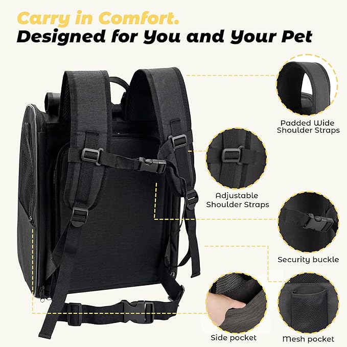 Zavothy Expandable Pet Backpack Carrier for Small Cats & Dogs, Airline Approved Travel Bag with Mesh Windows, Expandable Space, Padded Bottom, Foldable Design Black
