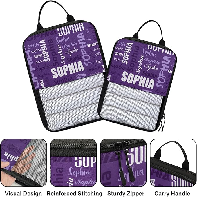 Personalized 6 Set Compression Packing Cubes for Travel Essentials with Name Customized Lightweight Carry on Expandable Luggage Organizer Bags for Women and Men, Purple