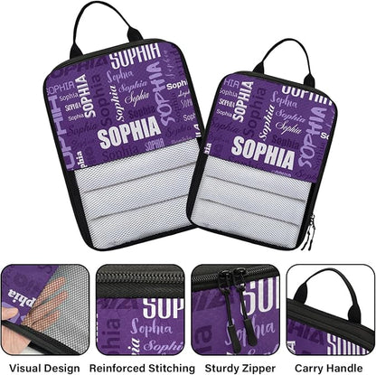Personalized 6 Set Compression Packing Cubes for Travel Essentials with Name Customized Lightweight Carry on Expandable Luggage Organizer Bags for Women and Men, Purple