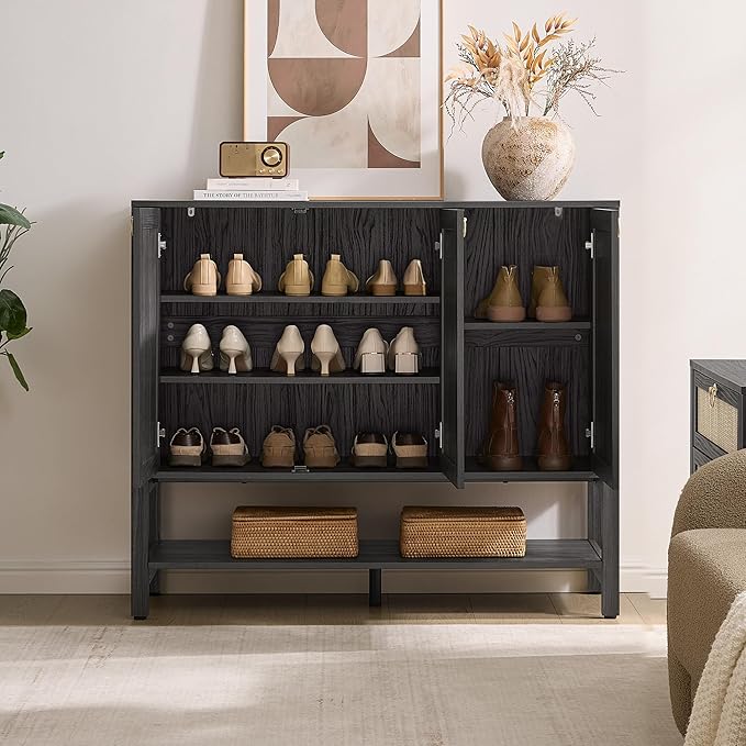 SICOTAS Farmhouse Shoe Cabinet with Storage - 2 Pieces Large Rattan Shoe Organizer with Adjustable Shelves & 3 Doors, Boho Shoe Rack Cabinet for Entryway, Hallway, Living Room (Obsidian)