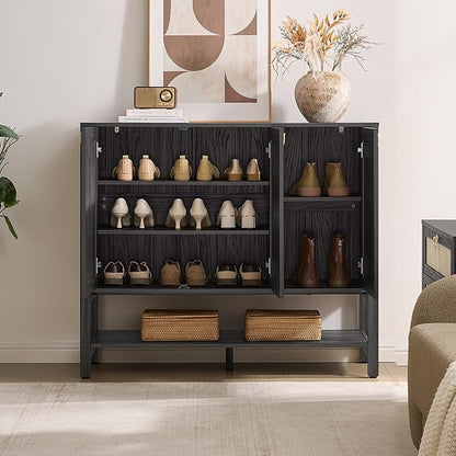 SICOTAS Farmhouse Shoe Cabinet with Storage - 2 Pieces Large Rattan Shoe Organizer with Adjustable Shelves & 3 Doors, Boho Shoe Rack Cabinet for Entryway, Hallway, Living Room (Obsidian)