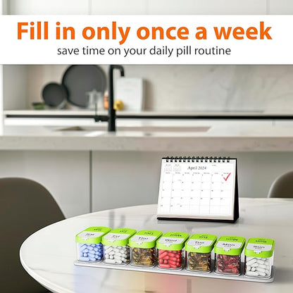Extra Large Weekly Pill Organizer - XL Vitamin Holder with 7 Detachable AM PM Compartments - Portable Medicine Dispenser for Home and Travel, Big Supplement Container for Weekly or Daily Use, Green