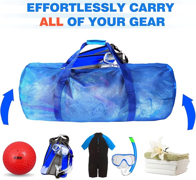 Blue Heavy-Duty Large Mesh Sports Duffle Bag, Dry Bag, Diving Equipment Scuba Bag with Zipper. Great for Gym Workout, Sport Balls Storage, Scuba Gear, Snorkeling, Water Sports and Travel
