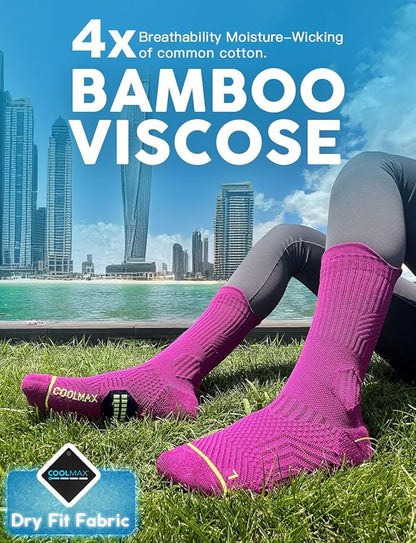 Womens Coolmax Bamboo Viscose Compression Running Crew Socks, Moisture-Wicking Anti-Blister Hiking&Gym Athletic