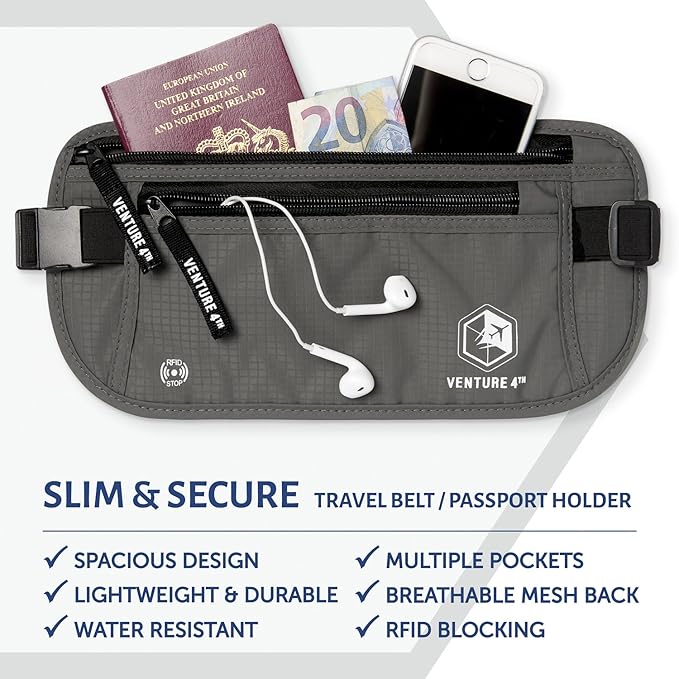 VENTURE 4TH Money Belt for Travel – Hidden Under-Clothes RFID Blocking Passport Holder & Slim Travel Wallet Pouch for Men & Women to Protect Cash, Cards & Documents (Gray)