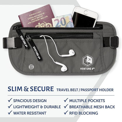 VENTURE 4TH Money Belt for Travel – Hidden Under-Clothes RFID Blocking Passport Holder & Slim Travel Wallet Pouch for Men & Women to Protect Cash, Cards & Documents (Gray)