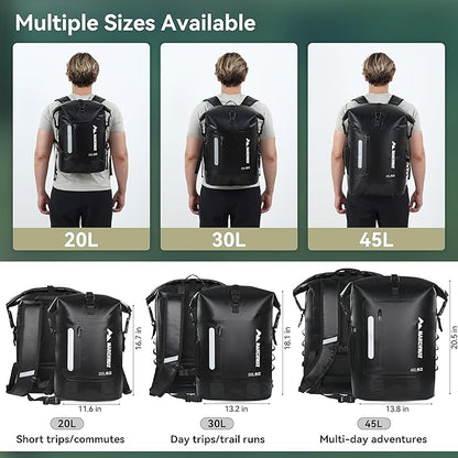 MARCHWAY Roll Top Waterproof Backpack, Floating Dry Bag 20L/30L/45L with Ergonomic Rectangular Base, Cushioned Back, Hip Strap for Hiking Camping Kayaking Travel (Black, 20L)
