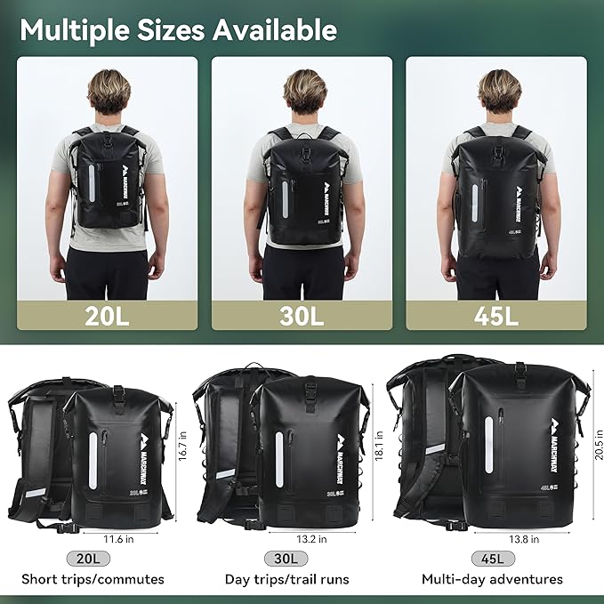 MARCHWAY Roll Top Waterproof Backpack, Floating Dry Bag 20L/30L/45L with Ergonomic Rectangular Base, Cushioned Back, Hip Strap for Hiking Camping Kayaking Travel (Black, 45L)