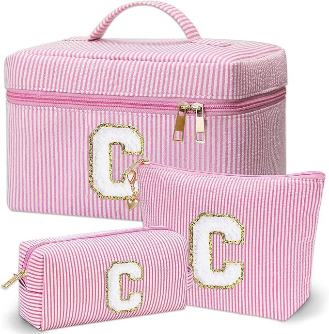 Personalized Monogram Makeup Bag, 3PCS Custom Monogrammed Toiletry Cosmetic Bag for 6-18 Teen Girls Women,Birthday Graduation Gifts Initial Pouch Makeup Bags for Women Girls, Make Up Bag (C, Pink)