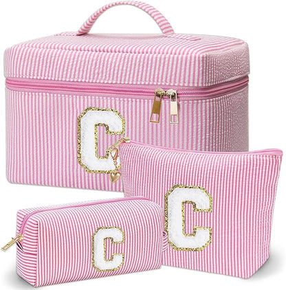 Personalized Monogram Makeup Bag, 3PCS Custom Monogrammed Toiletry Cosmetic Bag for 6-18 Teen Girls Women,Birthday Graduation Gifts Initial Pouch Makeup Bags for Women Girls, Make Up Bag (C, Pink)