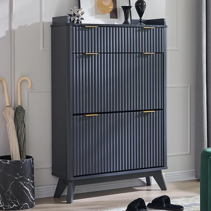 T4TREAM Fluted Shoe Storage Cabinet with 2 Flip Drawers & Top Drawer, 48" Tall Narrow Shoe Organizer, Curved Profile Design, Wooden Shoe Rack for Entryway, Hallway - Dark Grey