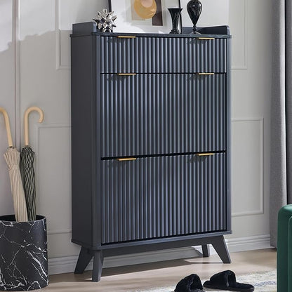 T4TREAM Fluted Shoe Storage Cabinet with 2 Flip Drawers & Top Drawer, 48" Tall Narrow Shoe Organizer, Curved Profile Design, Wooden Shoe Rack for Entryway, Hallway - Dark Grey