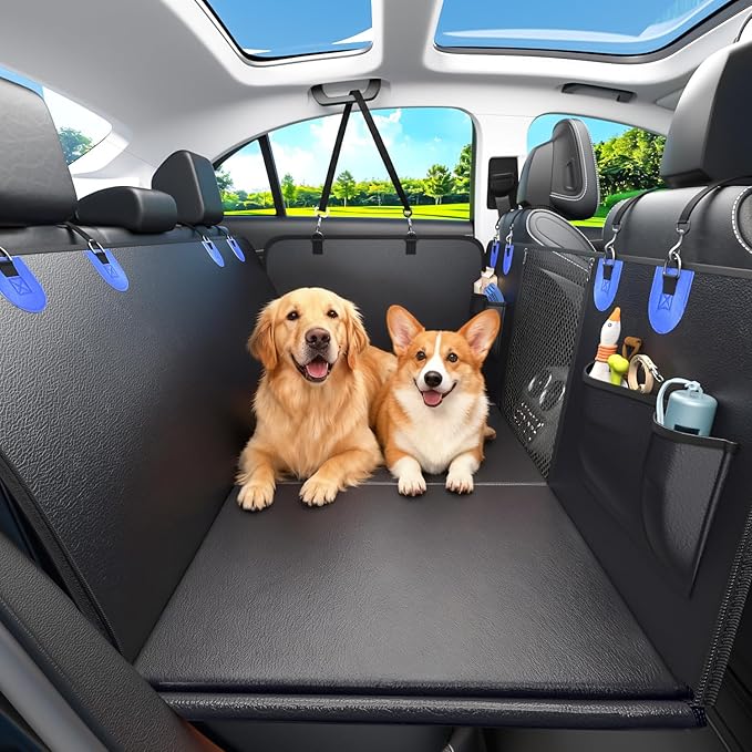Dog Car Seat Cover for Back Seat, Superior Hard Bottom Back Seat Extender for Dogs, 100% Waterproof & Anti Scratch, Hold 500lbs Dog Hammock for Car SUV Trunk, Back Seat Pet Cover for Dogs, Blue