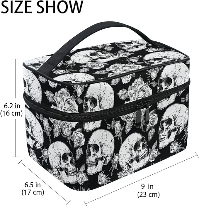 MNSRUU Makeup Bags, Gothic Skulls and Flowers Makeup Organizer Bags Toiletry Bag Box Travel Cosmetic Bag Make Up Train Case for Women Teen Girl Ladies
