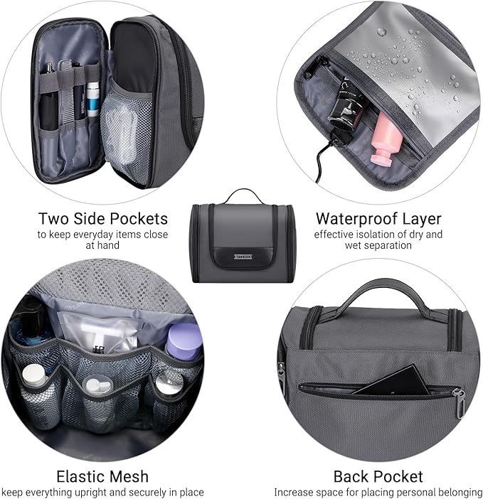 WITZMAN Toiletry Bag for Men Women Large Hanging Multi-organization Bathroom Bag Water-resistant Dopp Kit Shaving Bag Men(B690 Silvery Grey)