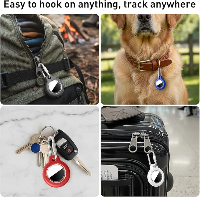 4-PACK for Apple for AirTag Holder, PC Shell Case with Secure Carabiner Clip, Shock-Resistant & Waterproof for AirTag holder Keychain for Key, Bag, Luggage, Pet, Backpack, Black/Blue/Orange/Red