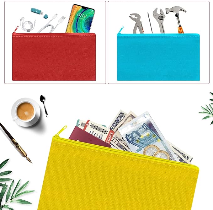 12 Pieces Cotton Canvas Makeup Bag, Multipurpose Cosmetic Bag with Zipper Travel Toiletry Pouch, Blank DIY Craft Bag (Multicolored A, XL)