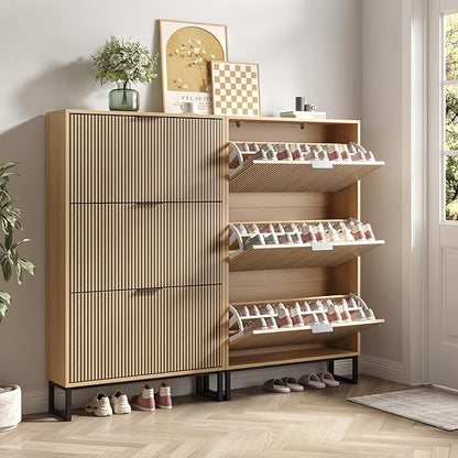Shoe Cabinet with 3 Flip Drawers Set of 2, Narrow Wood Shoe Cabinet Storage for Entryway, Freestanding Hidden Shoe Organizer Rack Cabinet for Hallway