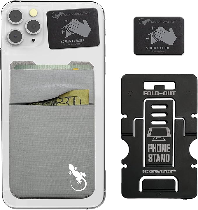 Gecko Travel Tech Double Pocket - Adhesive Card Holder - Cell Phone Pouch - Stick on Spandex Pocket - Carry Credit Cards and Cash - Gray-White