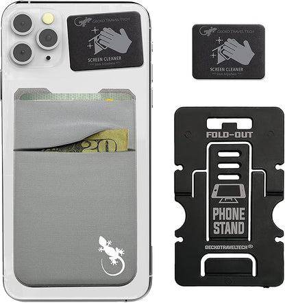 Gecko Travel Tech Double Pocket - Adhesive Card Holder - Cell Phone Pouch - Stick on Spandex Pocket - Carry Credit Cards and Cash - Gray-White