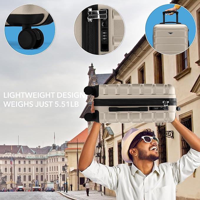 Flight Knight Carry On Suitcase Hardside Built In TSA Lock & USB Port Silent Double Spinner Wheels Maximum Overhead Carry-On Bag For American & United Approved Airlines(22x14x9,Champagne)