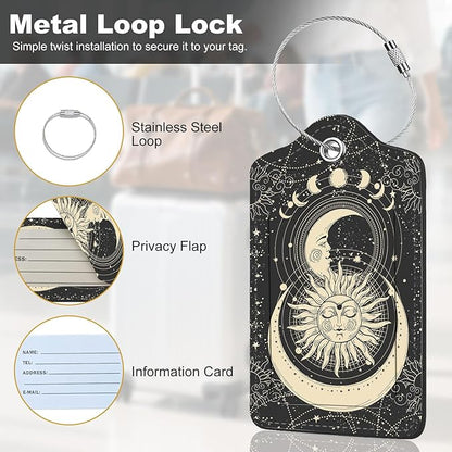 2Pack Luggage Tags for Suitcases, Cute Unique Pu Leather Cruise Luggage Tag with Privacy Cover ID Label Address Card and Metal Ring Suitable for Women Men Kids Travel Bag Sun and Moon Face