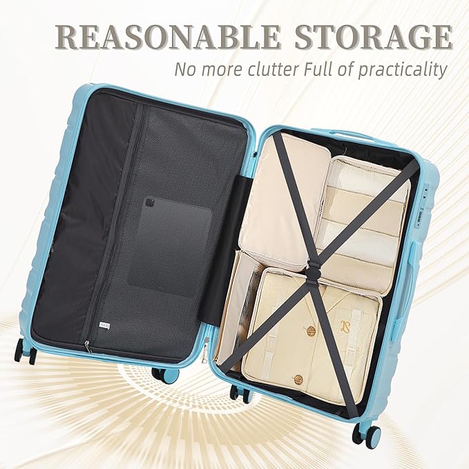 Campfun 3 Piece Luggage Sets, ABS Suitcase Set with Double Spinner Wheels Hang Hook, Durable Carry On Luggage with Combination Lock, 20/24/28 inch, Blue