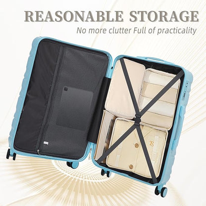 Campfun 3 Piece Luggage Sets, ABS Suitcase Set with Double Spinner Wheels Hang Hook, Durable Carry On Luggage with Combination Lock, 20/24/28 inch, Blue