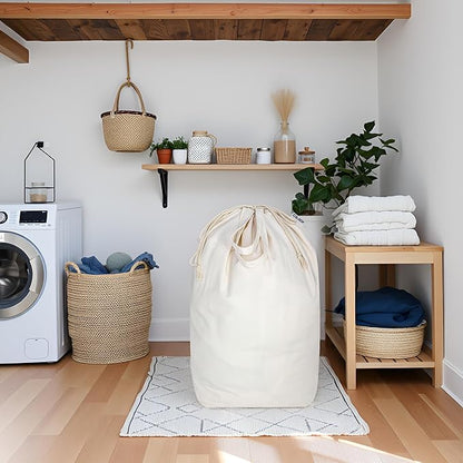 Canvas Laundry Bags with Handles & Square Base 13.8"x 13.8", Large Heavy Duty Laundry Hamper Bag, College Dorm Washable Drawstring Cotton Dirty Clothes Sack (Beige,1 Pack)