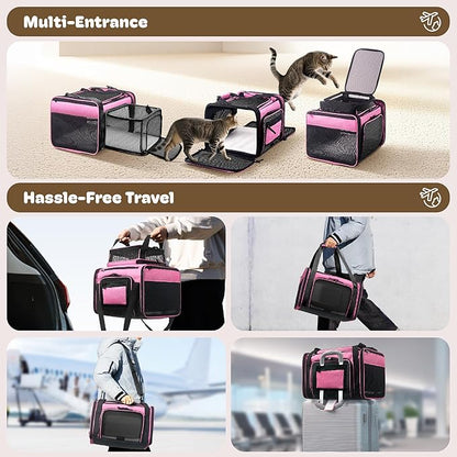 Top and 2 Sides Expandable Cat Carrier 18x11x11, TSA Airline Approved Dog Carriers for Medium Dogs, Soft-Sided Pet Carrier with Self-Locking Zippers for Kitten,Rabbit, Puppy, Guinea Pig Pink
