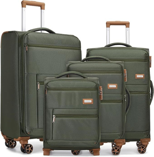 LARVENDER Luggage Sets 4 Piece, Softside Carry On Luggage Suitcase Set with 360° Spinner Wheels for Women Men(28/24/20/18) Army Green