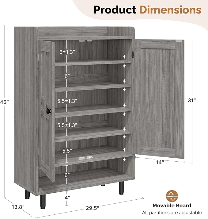 Entrance Shoe Cabinet with Doors,6-Tier Farmhouse Shoe Storage Organizer with Adjustable Shelves Holds 18-28 Pairs and Metal Legs, Entry Organizer Entryway, Living Room (Grey)