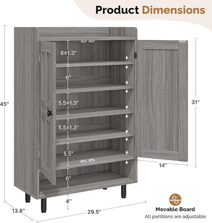 Entrance Shoe Cabinet with Doors,6-Tier Farmhouse Shoe Storage Organizer with Adjustable Shelves Holds 18-28 Pairs and Metal Legs, Entry Organizer Entryway, Living Room (Grey)