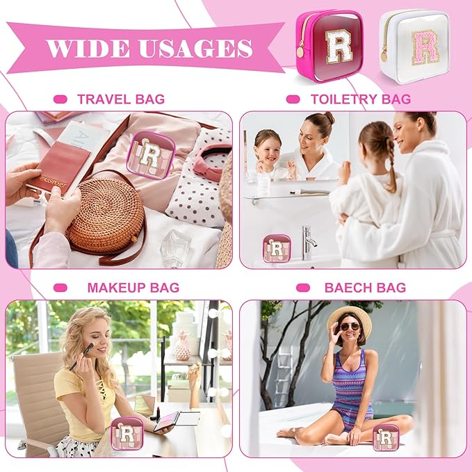 Personalized Initial Letter Clear Preppy Makeup Bag,Mini Nylon Chenille Letter Cosmetic Bag Cute Zipper Pouch Coin Purse for Teen Girls,Portable TSA Approved Travel Essentials Bag Gift for Women,R