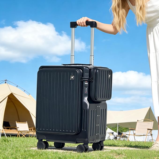 20-inch Front-Opening Aluminum Frame luggage - Spinner Wheels TSA Lock PC Material With External lD Bag Convenient And Fast, Suitcase for Business Travel & Short Trips (Black)