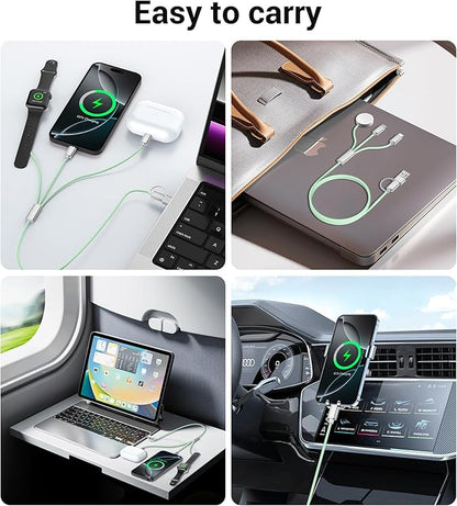 Temdan for Travel Vacation Essentials,3 in 2 USB C Cable for Apple Watch Charger/iPhone 17 Charger/Lightning,Multi Charging Cable Cord,Camping Essentials,Designed for iWatch &iPhone 16-12-5FT Green